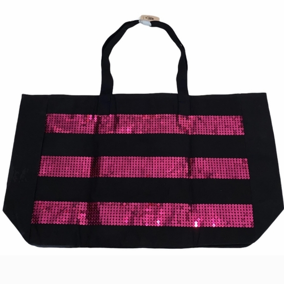 Victoria's Secret Black & Pink Sequin Extra Large Canvas Tote Bag from 2014 - Picture 2 of 3